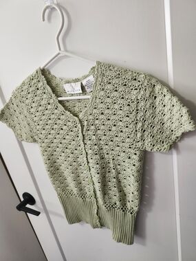 Handmade Green Crochet Short-Sleeve Cardigan Sweater